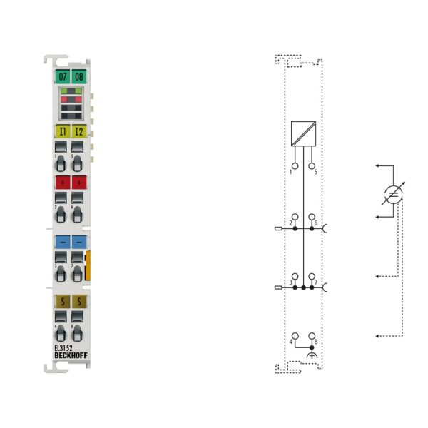 ترمینال EL3152 برند Beckhoff | ورودی آنالوگ دو کاناله EtherCAT، جریان 4 تا 20 میلی آمپر، 16 بیت، تک‌پایه‌ای